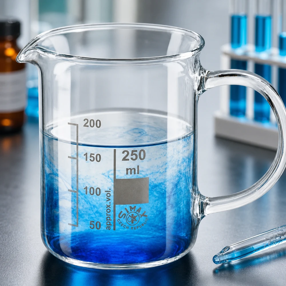 Laborationsbägare, 250 ml, borosilikatglas med handtag och blå lösning i olika skikt