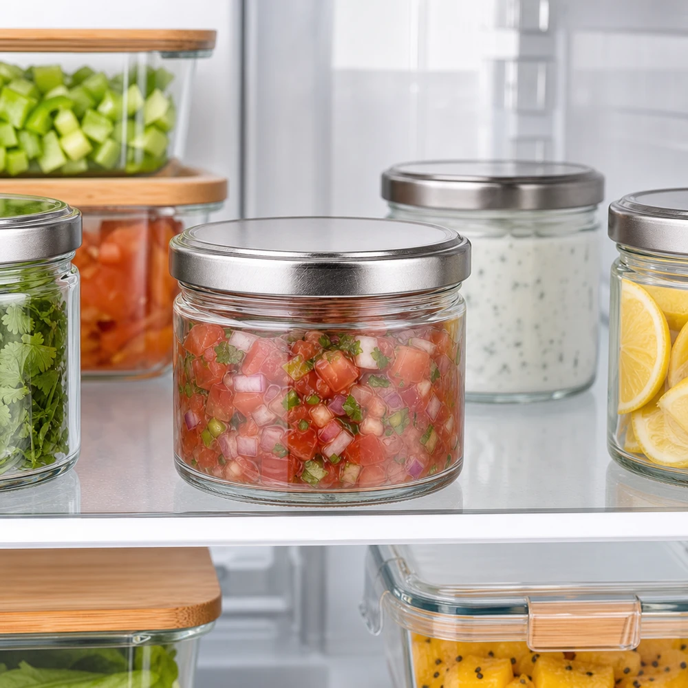 540ml rund glasburk + BasicSeal-lock silver matt UNiTWIST 540 ml runda burkar med silverlock i kylskåpet, måltidsförberedande behållare för salsa och färdigskurna grönsaker