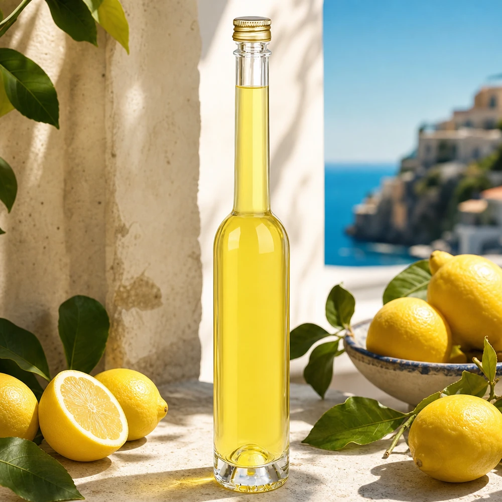 100 ml glasflaska Toni fylld med citronlikör - UNiTWIST guldkork i en medelhavsmiljö med citroner