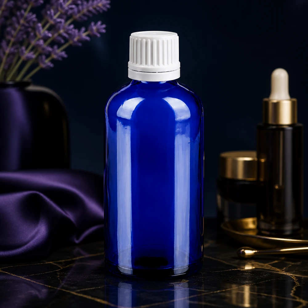 100ml Droppflaska 0,7mm vit med säkerhetslock BlueLine UT18/100 Exakt droppflaska 100 ml av UV-skyddande blått glas med vitt lock för laboratorier och apotek