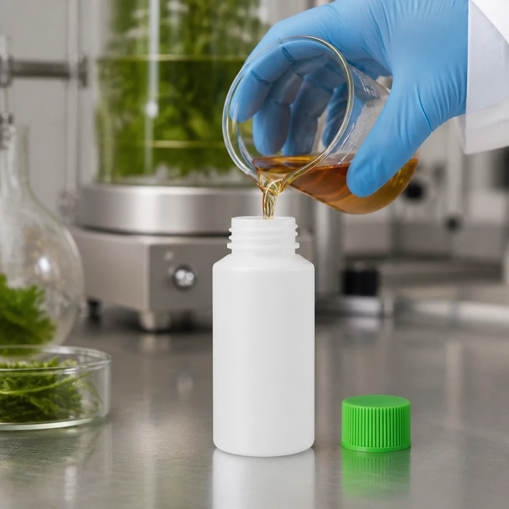 Apoteksflaska HDPE 30ml vit, med grönt skruvlock Vit HDPE-apotekflaska på 30 ml med grönt barnsäkert lock i laboratoriemiljö