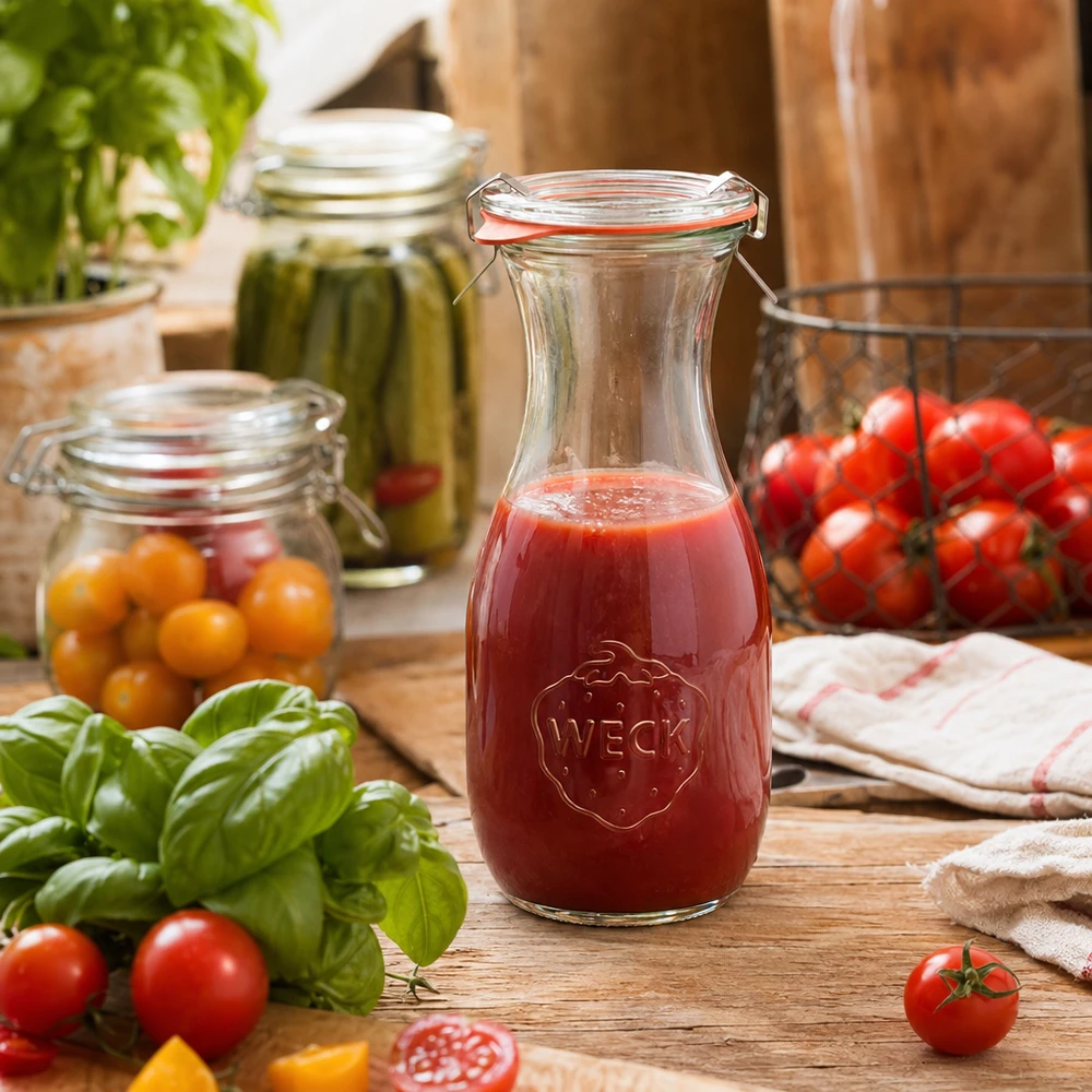 530 ml juiceflaska, komplett WECK RR60 WECK juiceflaska 530 ml med tomatjuice på träbord omgivet av färska tomater och basilika i kök