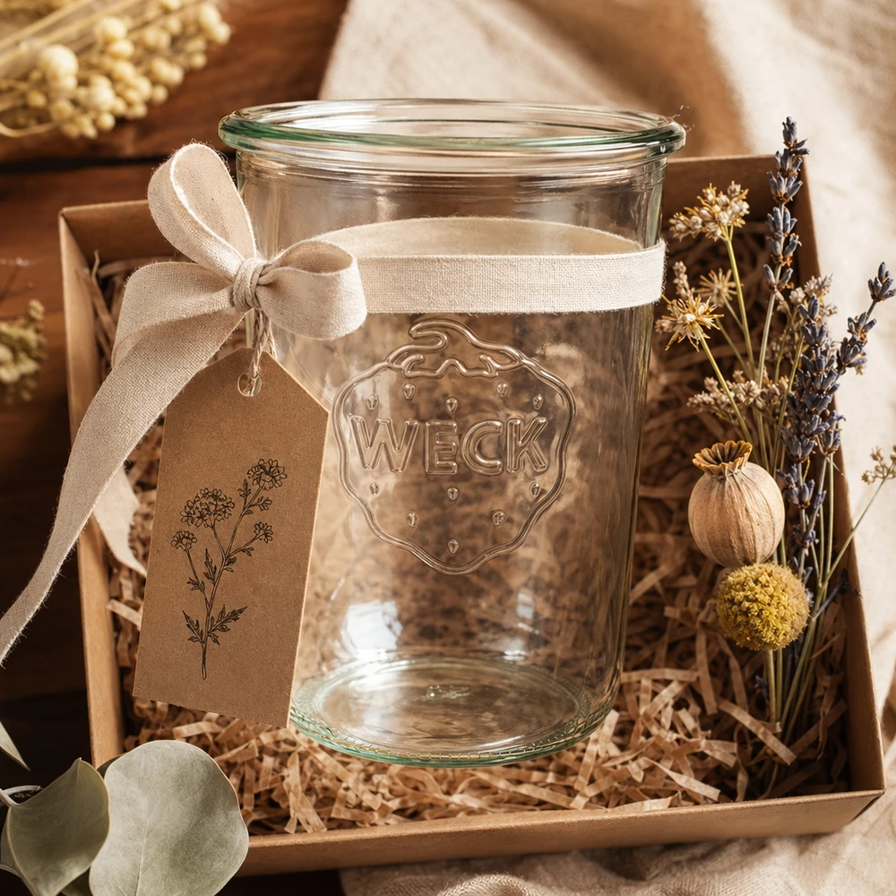 850 ml WECK RR100 tumlare med band och torkade blommor i en presentförpackning på träbotten