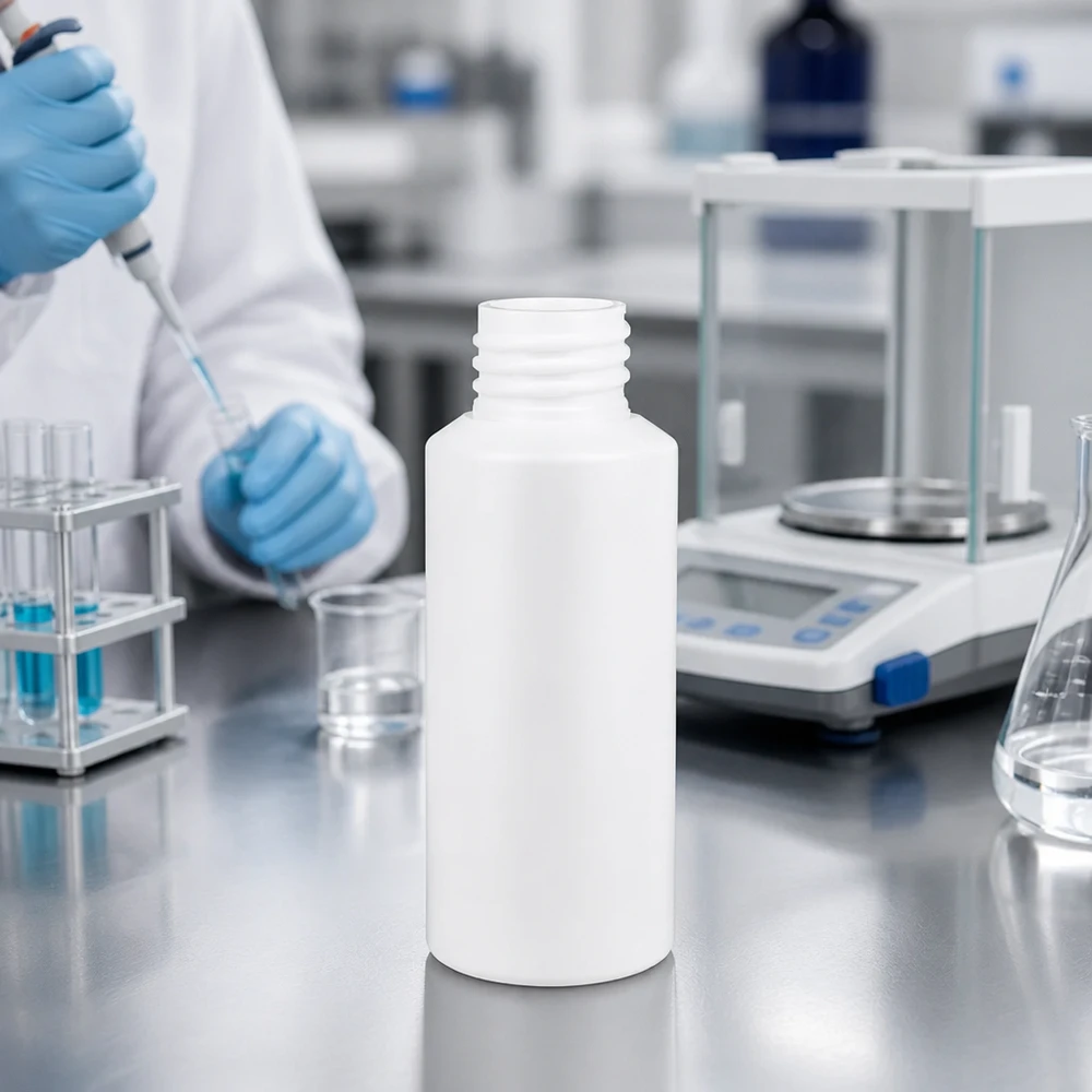 Vit HDPE-apotekflaska på 30 ml utan lock på en laboratorievåg i ett professionellt laboratorium