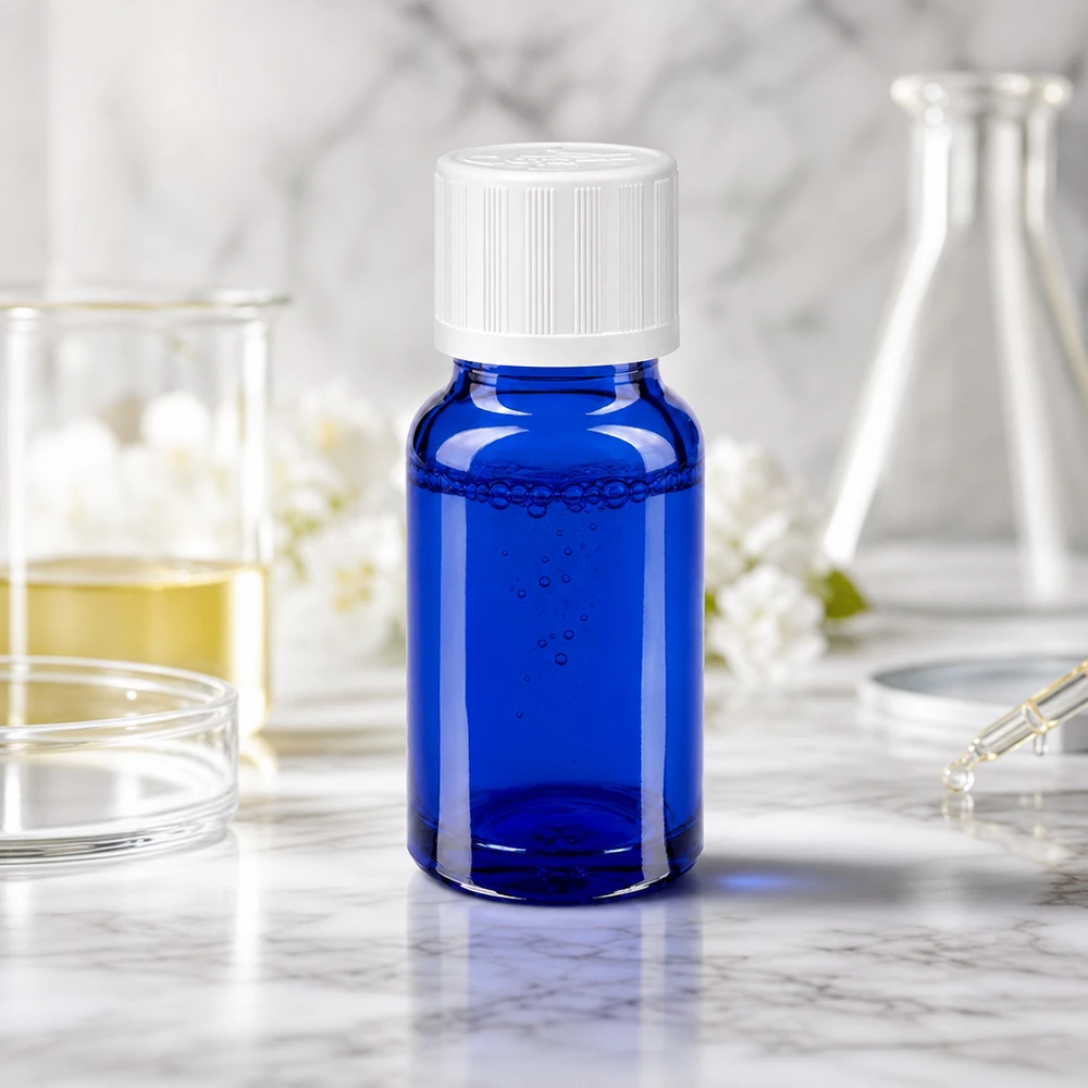 Apoteksflaska blå 10ml skruvkork vit barnsäker standard Blå 10 ml apoteksflaska med barnsäkerhetslock i laboratoriet mellan Erlenmeyer-kolvar