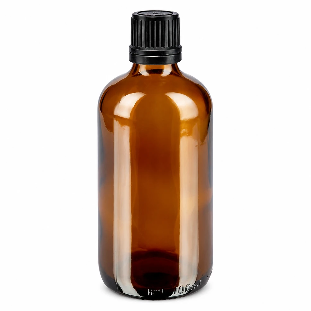 100 ml brun apoteksflaska av brunt glas med svart originalförslutning och 1 mm droppinsats