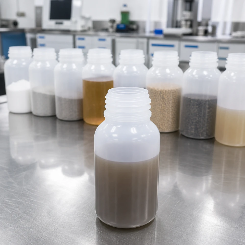 En grupp tomma 100 ml laboratorieflaskor med vid hals av plast på en yta av rostfritt stål i laboratoriet