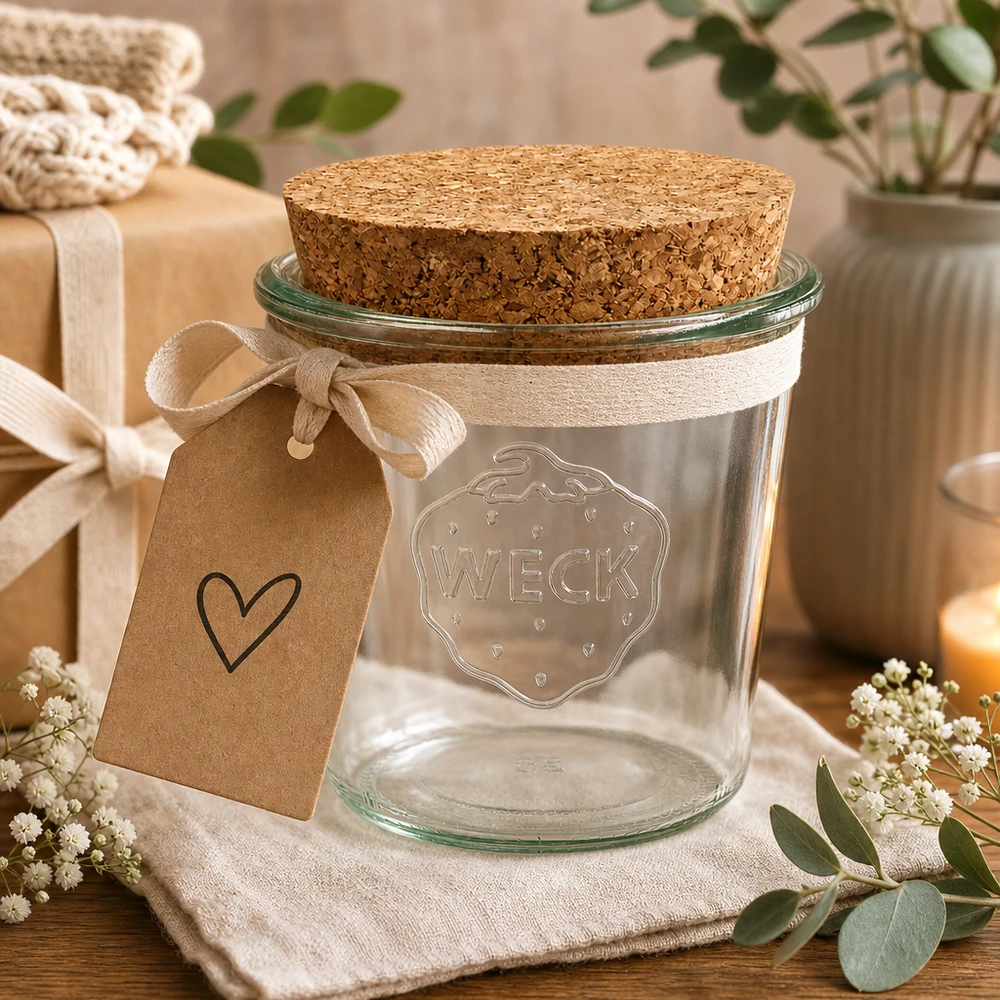580ml WECK RR100 Krossade glasögon med naturkork WECK 580 ml RR100-tumblers som en presentidé med hjärthänge och rosett arrangerade i en naturlig bordsdekoration