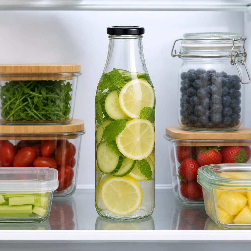 1000 ml glasflaska + BasicSeal-lock svart UNiTWIST 1000ml Glasflasche mit Gurken-Zitronen-Infused-Water im Kühlschrank zwischen frischem Obst und Gemüse