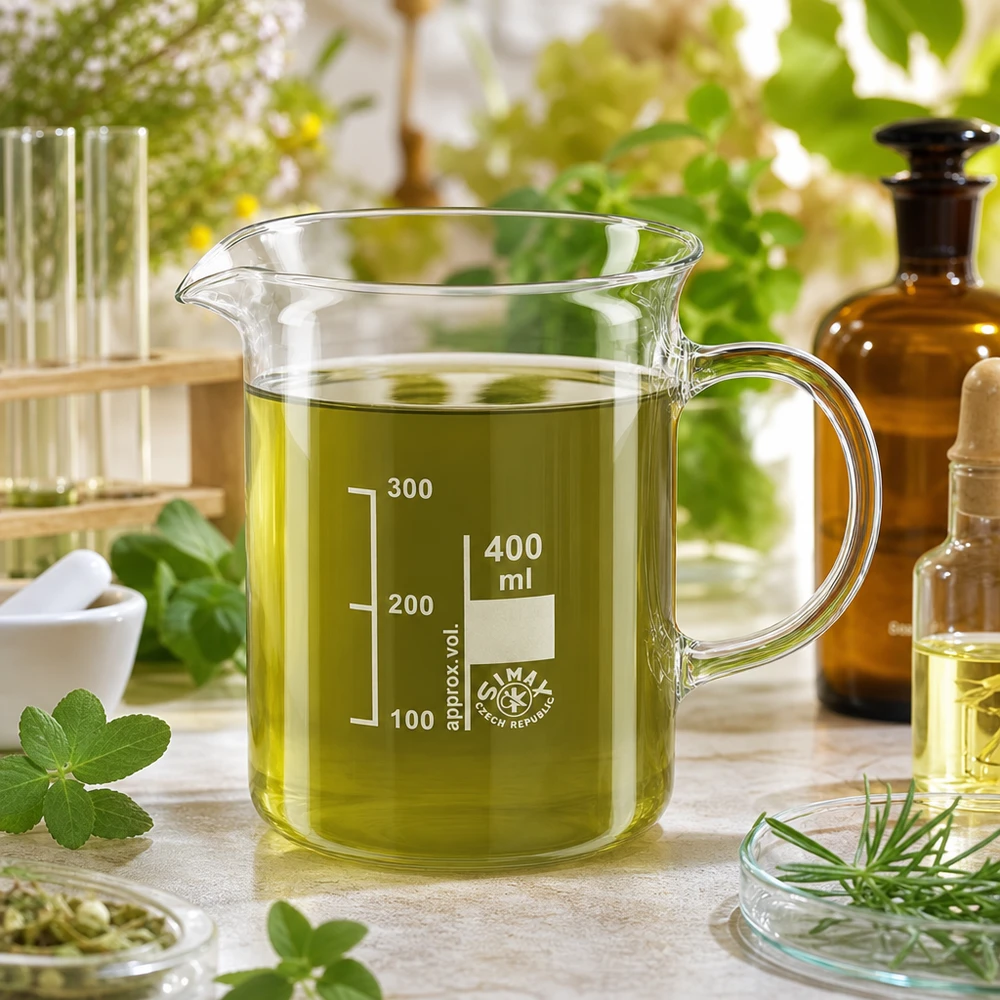 400 ml bägare med handtag, fylld med grönt örtextrakt, borosilikatglas, naturkosmetik