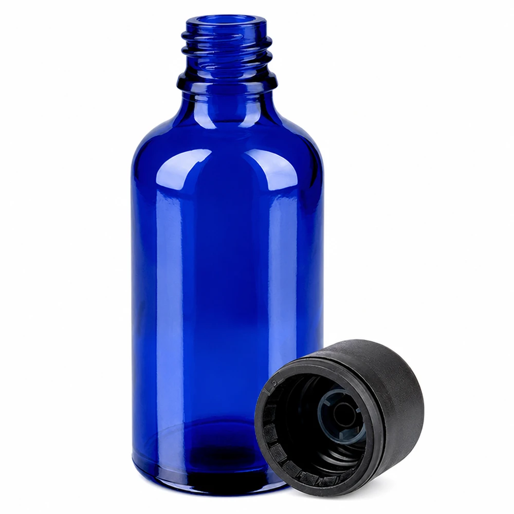 50 ml apoteksflaska av blått glas med skruvlock för aromaterapi och naturkosmetik