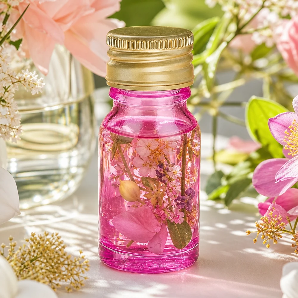 Dekorativ 10 ml flaska i lila med gyllene aluminiumlock för DIY-kosmetik och naturkosmetik