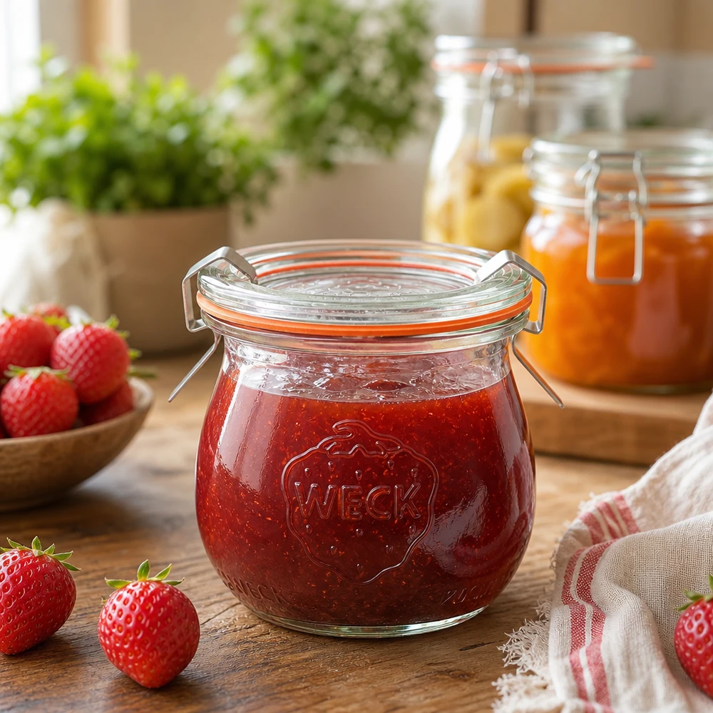 75ml tulpanburk komplett WECK RR40 WECK tulpanburk 75ml fylld med jordgubbssylt i en rustik köksscen med färska jordgubbar och syltburkar
