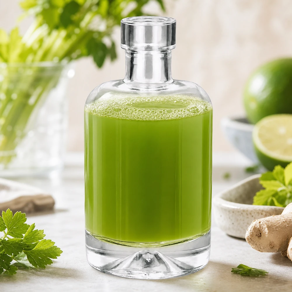 50 ml glasflaska Amelie fylld med grönt örtextrakt bredvid färska örter och lime visar naturlig kosmetikapplikation