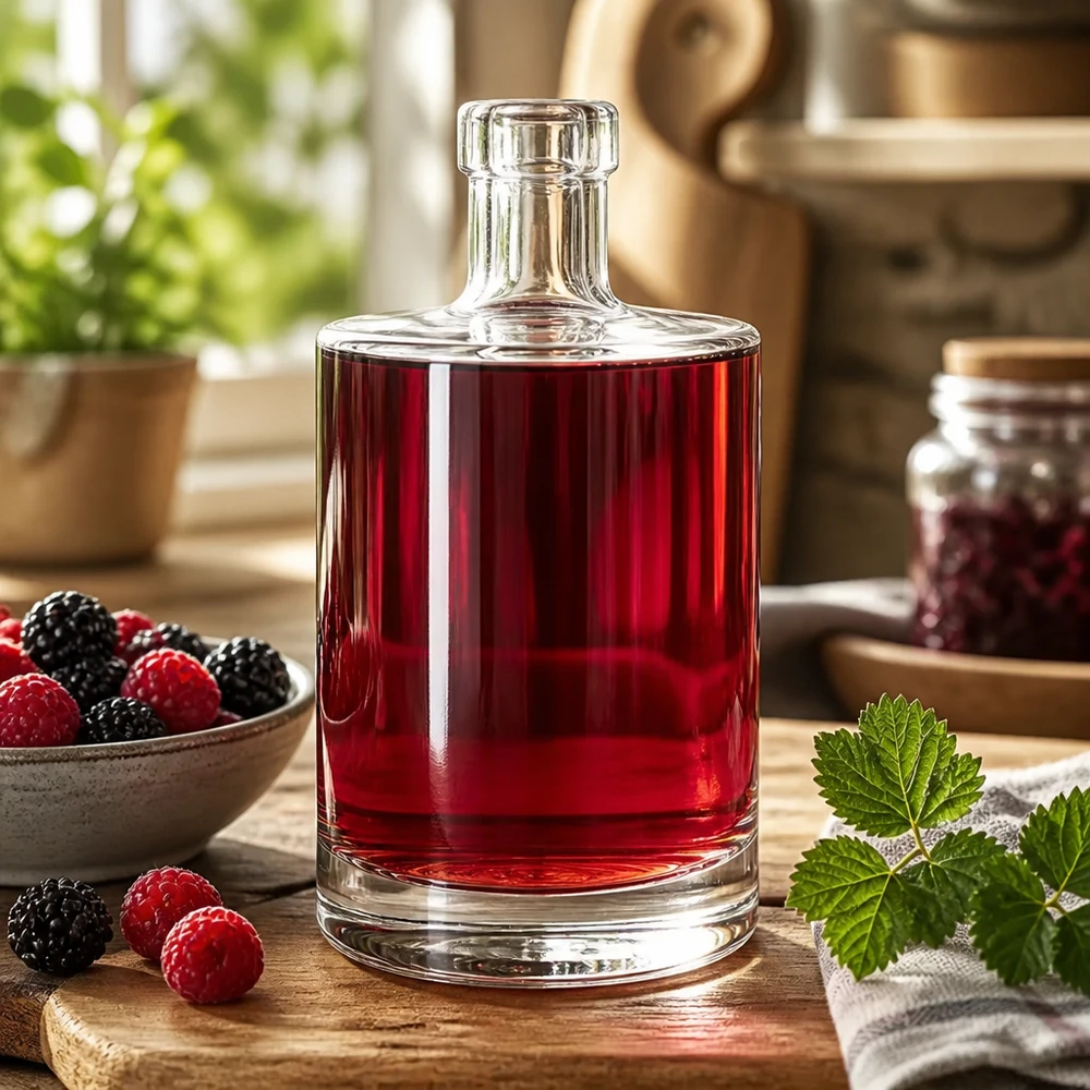 500 ml glasflaska Marie utan förslutning UNiTWIST® 500ml Glasflasche Marie gefüllt mit rotem Beerenlikör umgeben von frischen Himbeeren und Brombeeren als Dekoidee