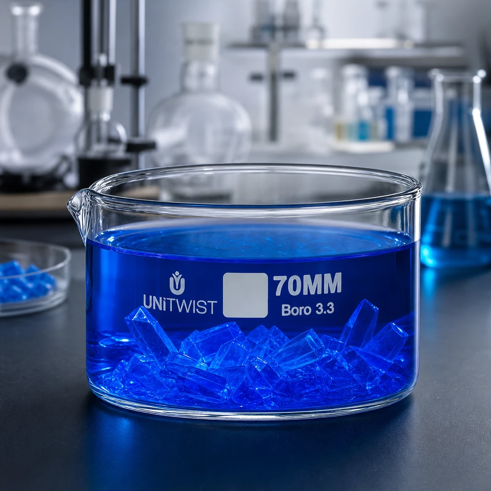 Kristallisationskärl ø70 mm, borosilikatglas UNiTWIST Kristallisationsskål 70 mm UNiTWIST borosilikatglas 3.3 med blå lösning och kristaller i laboratoriet