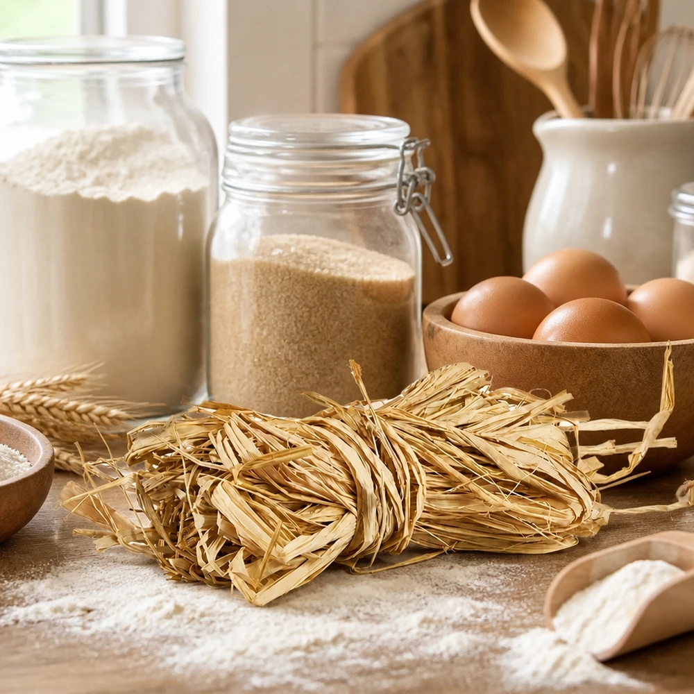 Naturraffia 30g gyllene beige som kökshjälpmedel för pastabuntar tillsammans med ägg och mjöl visar traditionell användning