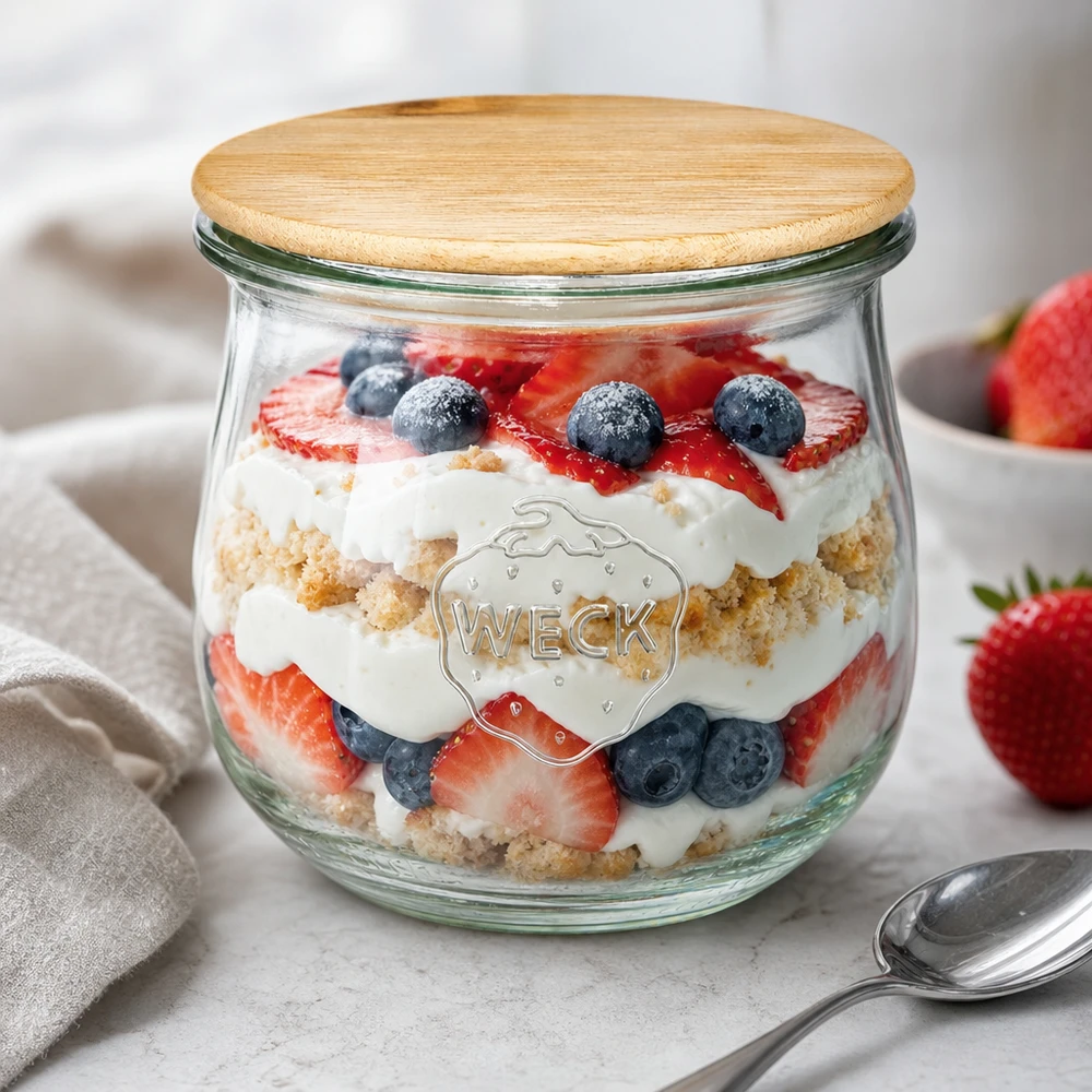WECK tulpanburk 370ml RR80 med trälock som dessertburk fylld med bärtrifle och grädde på vit yta