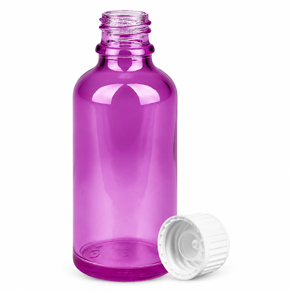 50ml (globule) flaska 3mm hällring vit Standard PurpleLine. UT18/50 Lila 50 ml glasflaska med vitt lock för eteriska oljor och serum