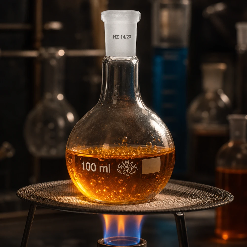 Höftkolv 100ml med standard slipad led (14/23) Stående kolv 100ml med standardslipad fog 14/23 på brännare för uppvärmning och destillering