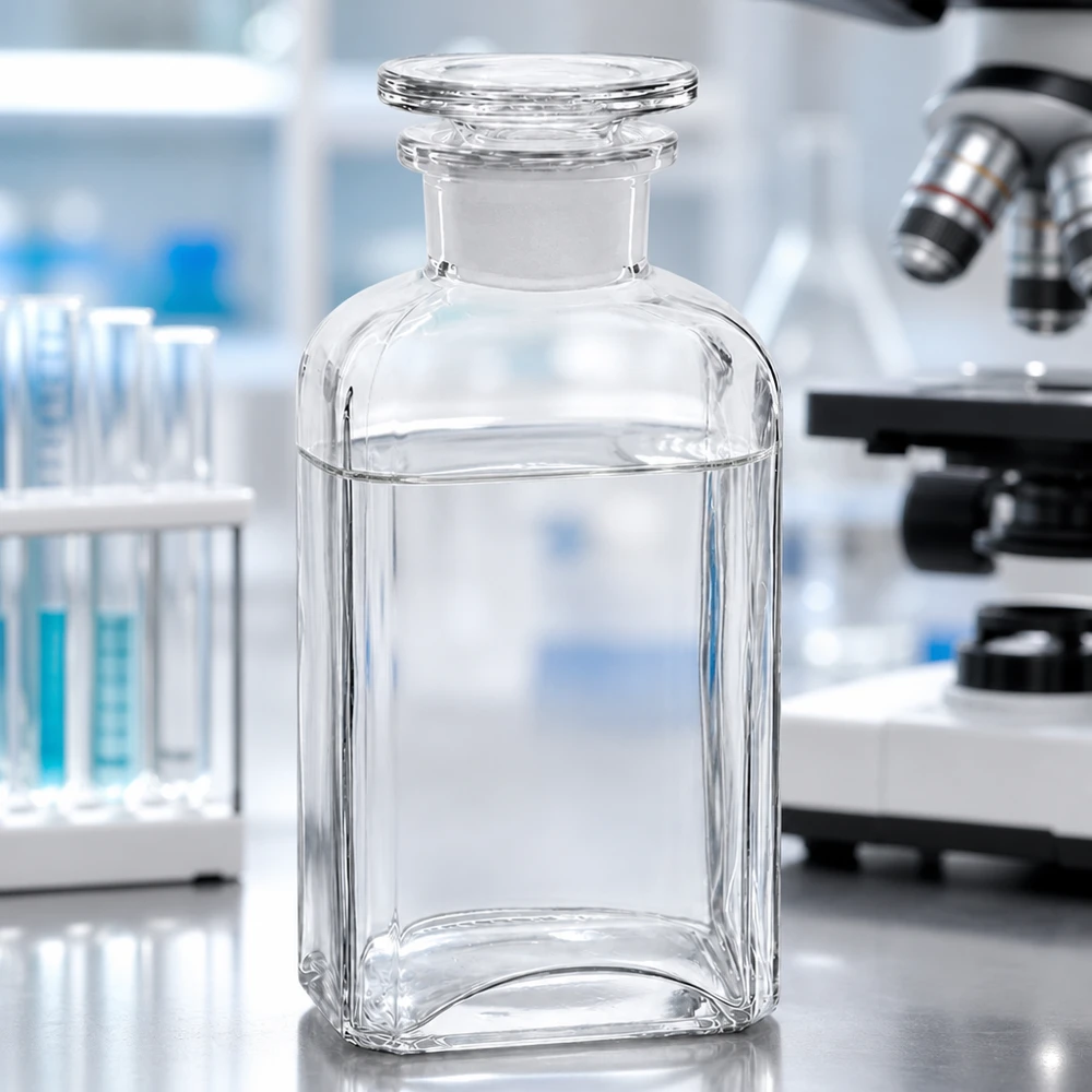 Fyrkantig flaska 250ml klar glaspropp med bred hals Fyrkantig flaska, 250 ml, klart glas, vidgad hals, med glaspropp, på ett laboratoriebord bredvid ett mikroskop