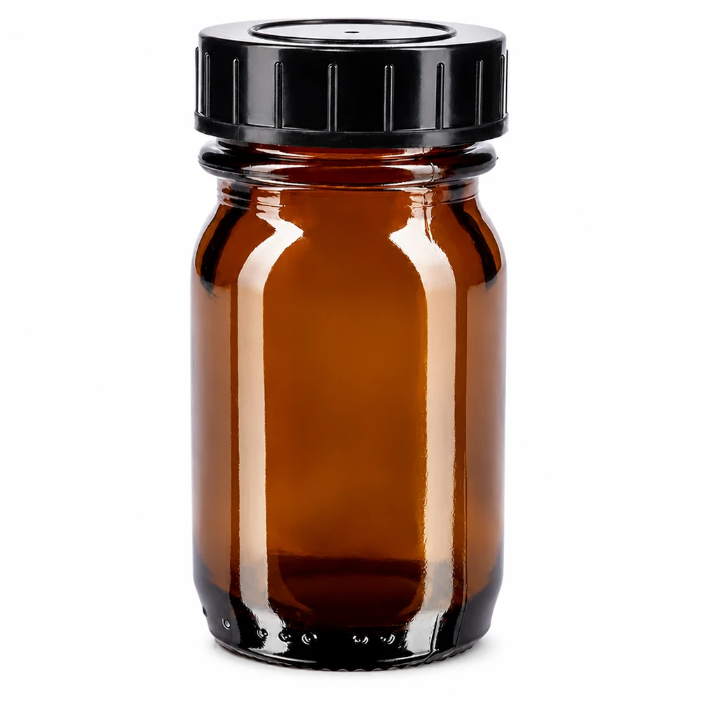 30 ml flaska med vid hals av bärnstensfärgat glas med svart skruvlock för säker förvaring