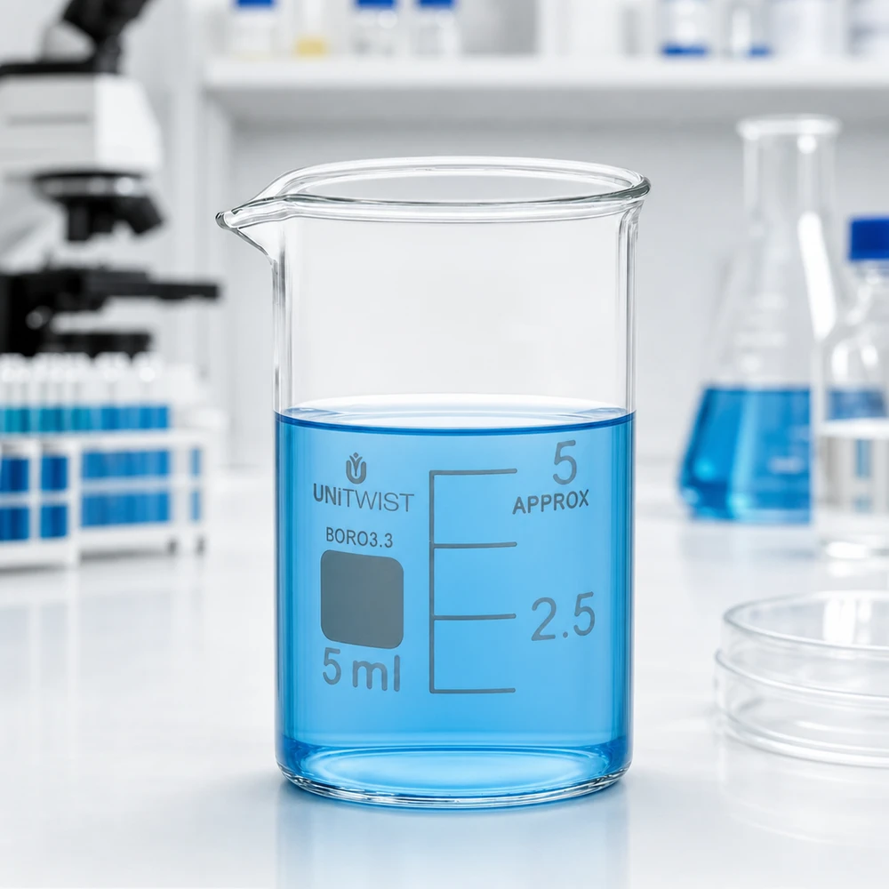 Bägare 5ml borosilikat, låg form UNiTWIST UNiTWIST 5 ml borosilikatglasbägare, låg form, med blå vätska i laboratoriet