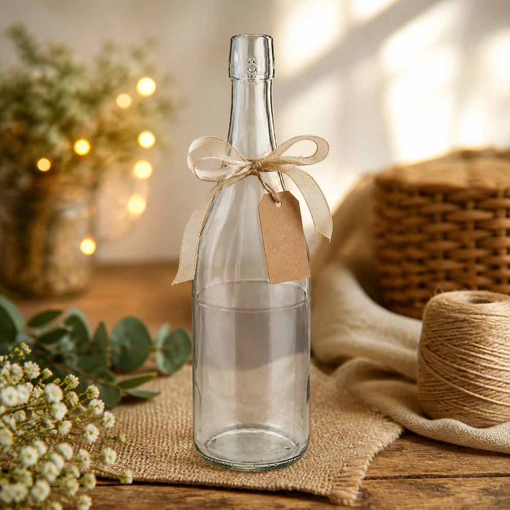 750ml UNiTWIST glasflaska dekorativ med rosett och presentetikett rustikt hantverksmaterial jute