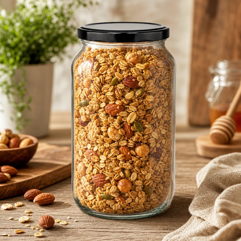 1062ml rund glasburk med BasicSeal-lock svart UNiTWIST 1062 ml rund burk fylld med müsli och nötter - stor förvaringsburk med svart lock för torra livsmedel