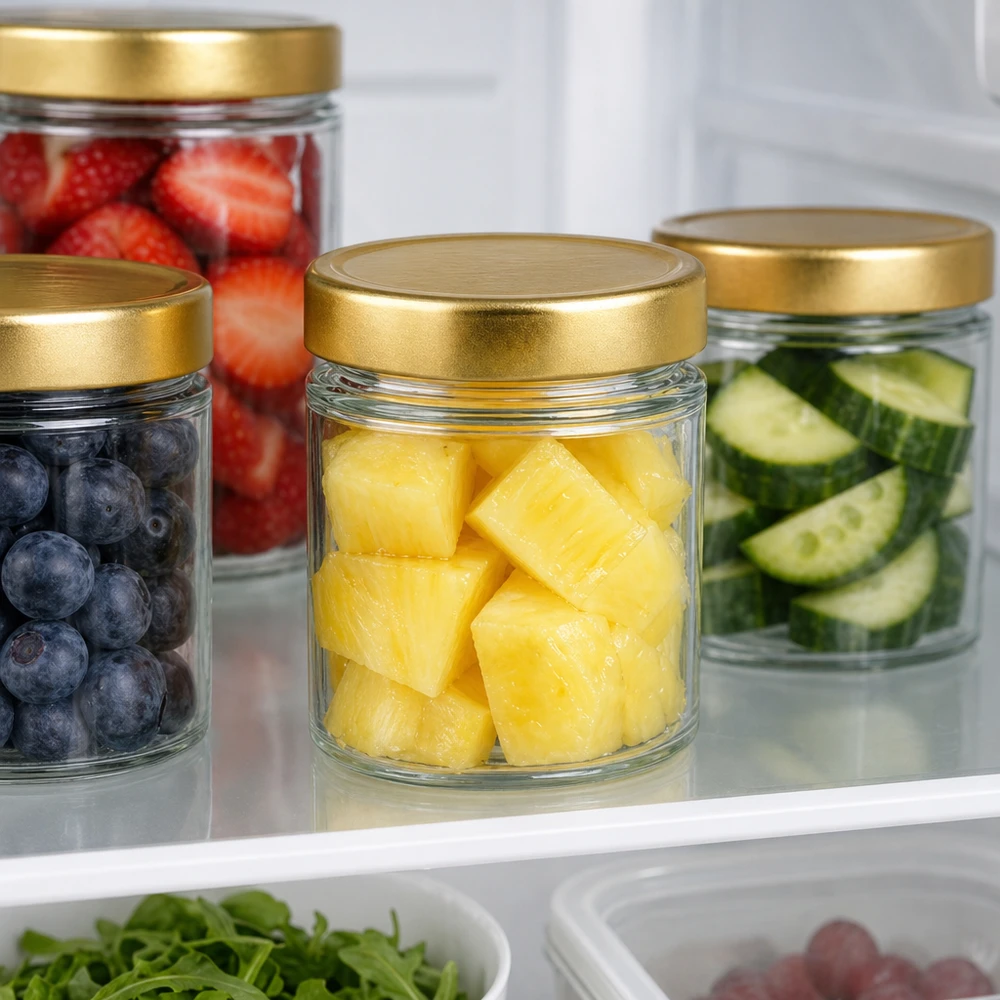 154 ml rund glasburk med lock BasicSeal guld djup UNiTWIST 154ml Rundglas BasicSeal gold im Kühlschrank mit Obst Ananas Beeren Gurken frische Lebensmittel Meal Prep Aufbewahrung