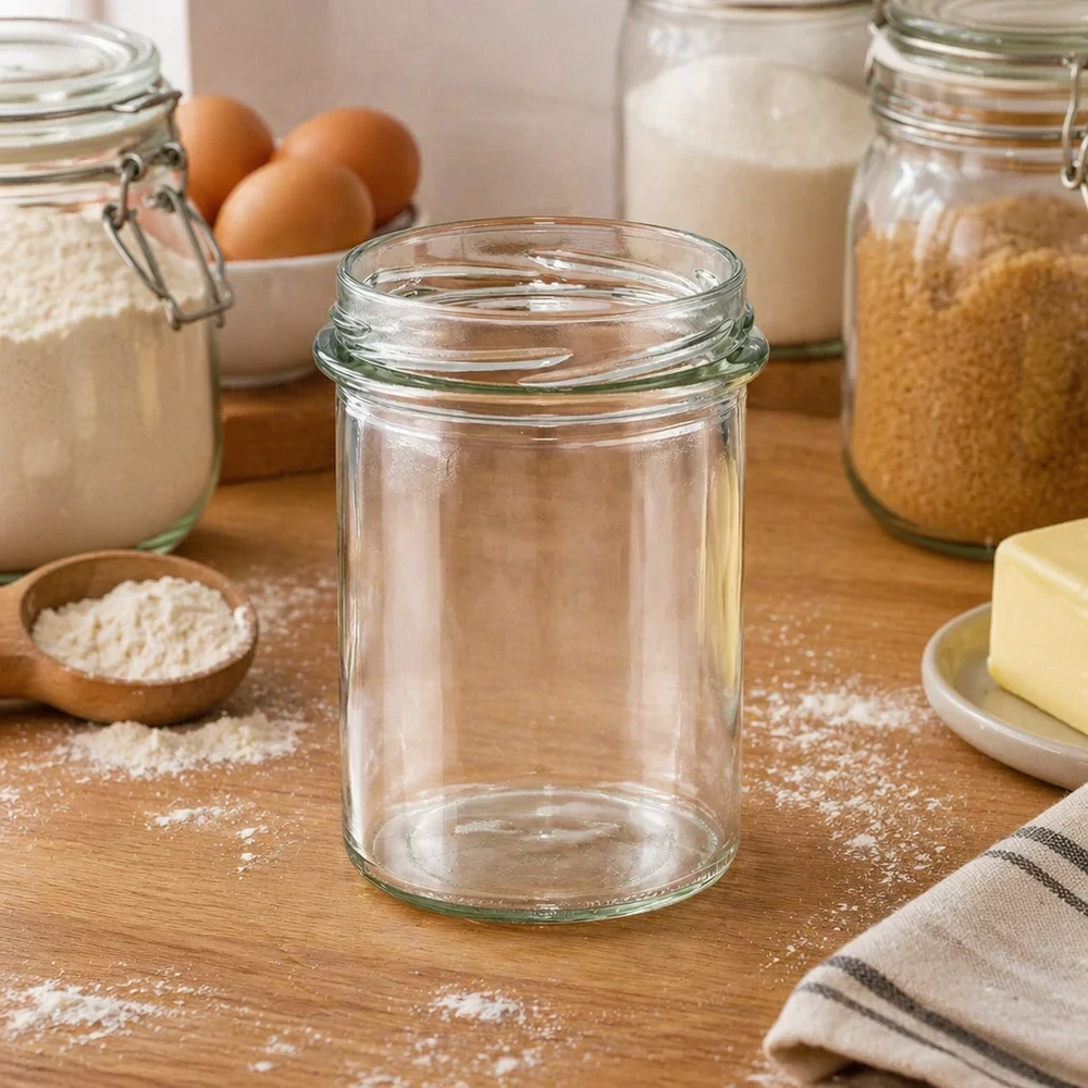 UNiTWIST Sturz230 muggar 230ml TO66 tomma på träbord mellan bakingredienser mjöl ägg och konserveringsburkar