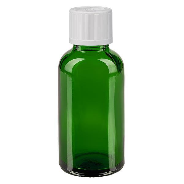Apoteksflaska grön 30ml skruvkork vit barnsäker standard Apoteksflaska grön 30ml skruvkork vit barnsäker standard