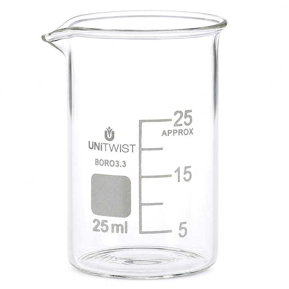25 ml bägare i borosilikatglas med låg profil från UNiTWIST, med milliliterskala