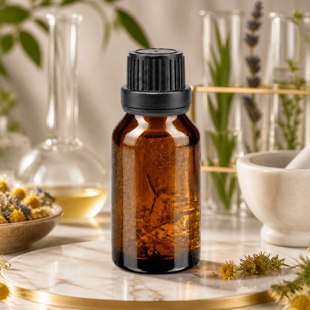 En 15 ml flaska av brunt glas med svart originalförslutning på marmor, omgiven av medicinalväxter och laboratorieutrustning