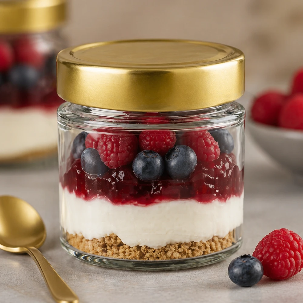 154ml runt glas BasicSeal guld fyllt med dessert yoghurt bär blåbär hallon smulpaj skiktad dessert