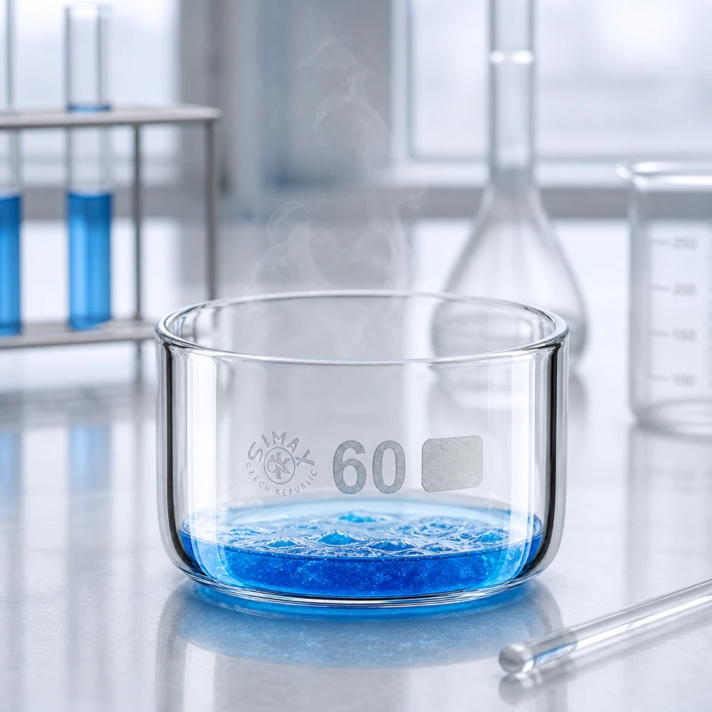 60ml kristalliseringsskål utan pip borosilikat ø60mm Simax-kristalliseringsskål, 60 ml, med blå vätska och stigande ånga i laboratoriet