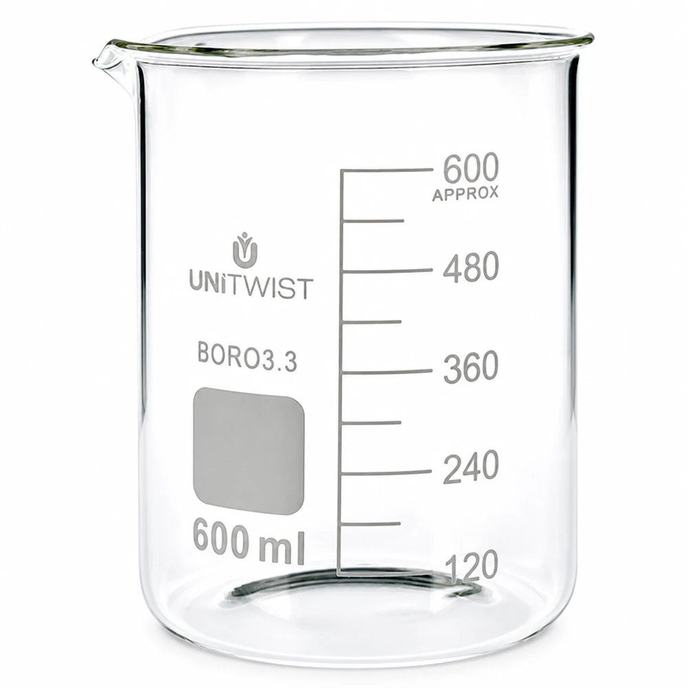 600 ml bägare i borosilikatglas, låg form med millimeterskala från UNiTWIST