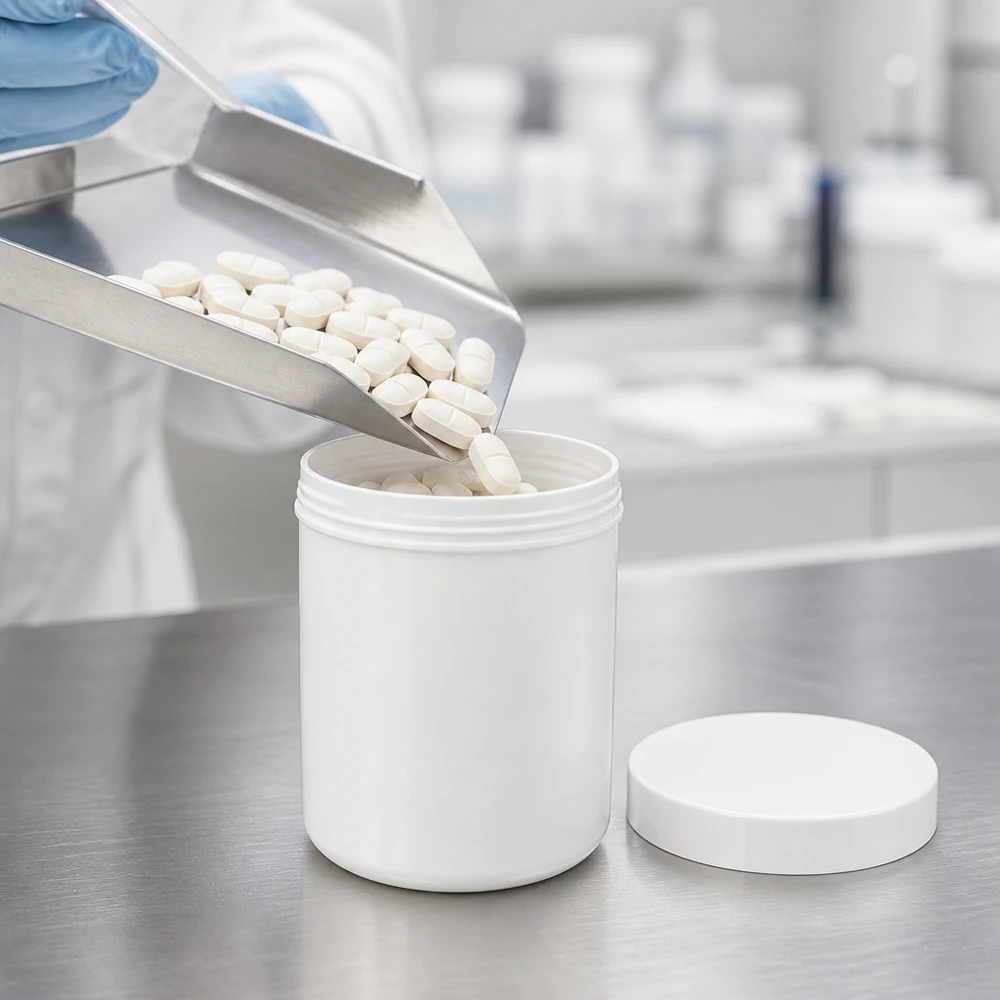 Fyllning av tabletter i en vit 50 g PP-salvburk med skruvlock inom läkemedelsproduktionen