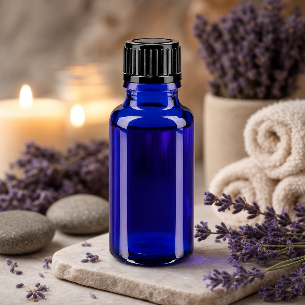Koboltblå glasflaska på 20 ml med svart droppflaska på natursten med lavendelblommor
