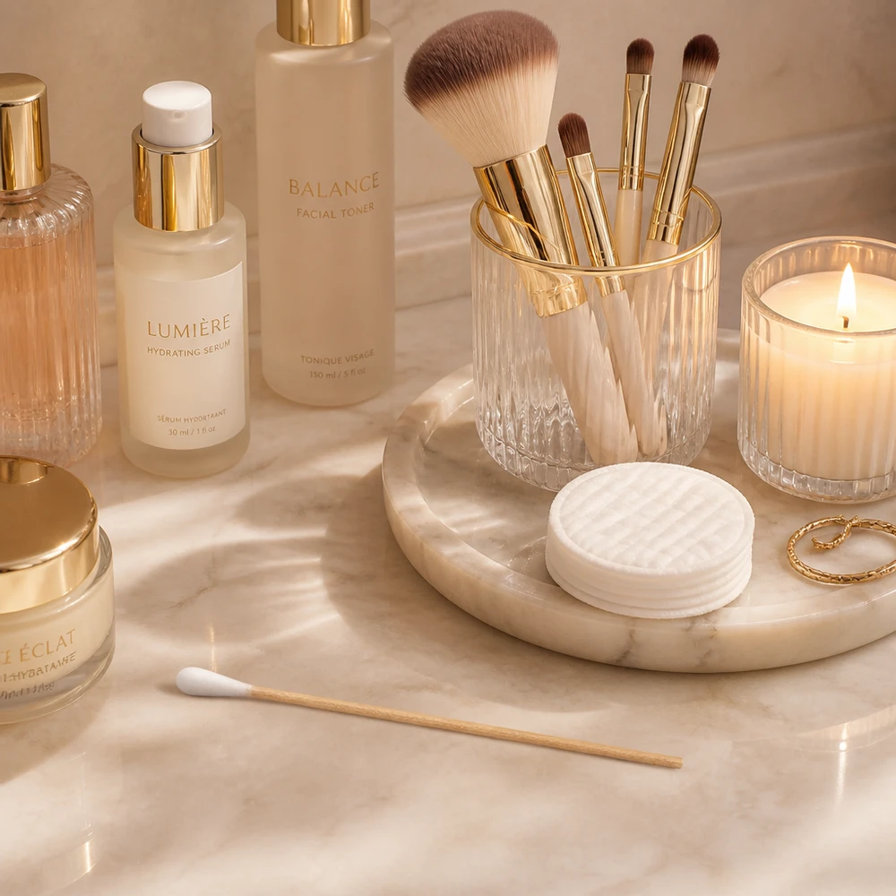 Bomullspinnar UNSTERIL Osteriliserade bomullspinnar med träspets på en marmorhylla bredvid Lumière Hydrating Serum och Balance Facial Toner