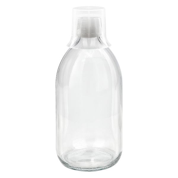500 ml medicinflaska klar, manipuleringssäkert lock med doseringsbägare 30 ml ApoGlas 500 ml medicinflaska klar, manipuleringssäkert lock med doseringsbägare 30 ml ApoGlas