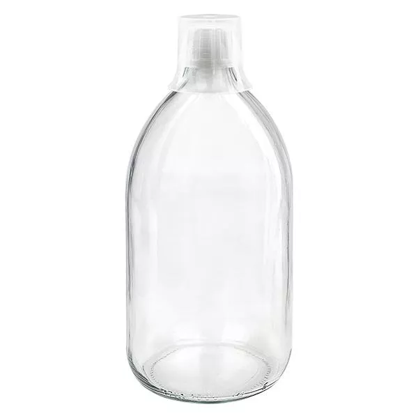 1000ml medicinflaska klar, säkerhetsförslutning med doseringsbägare 30ml ApoGlas