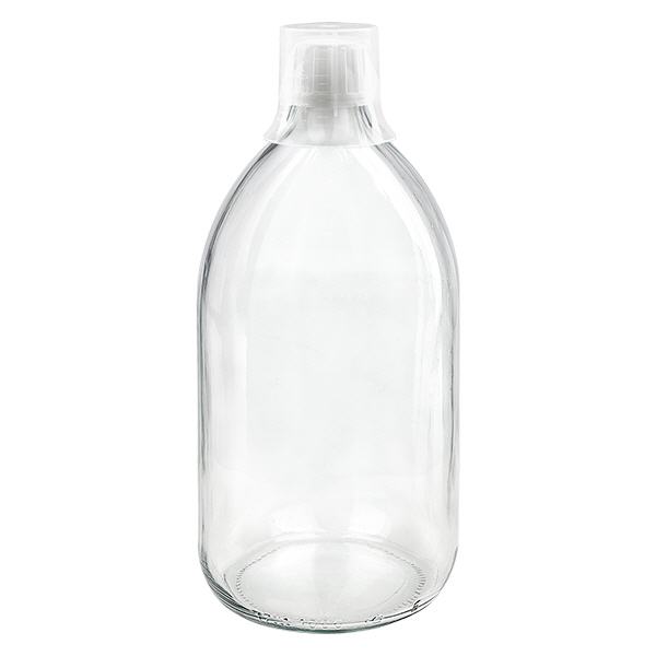 1000ml medicinflaska klar, säkerhetsförslutning med doseringsbägare 30ml ApoGlas 1000ml medicinflaska klar, säkerhetsförslutning med doseringsbägare 30ml ApoGlas