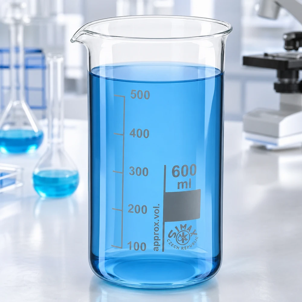 Genomskinligt laboratoriebägareglas, 600 ml, hög form, med blå vätska på ett vitt laboratoriebord