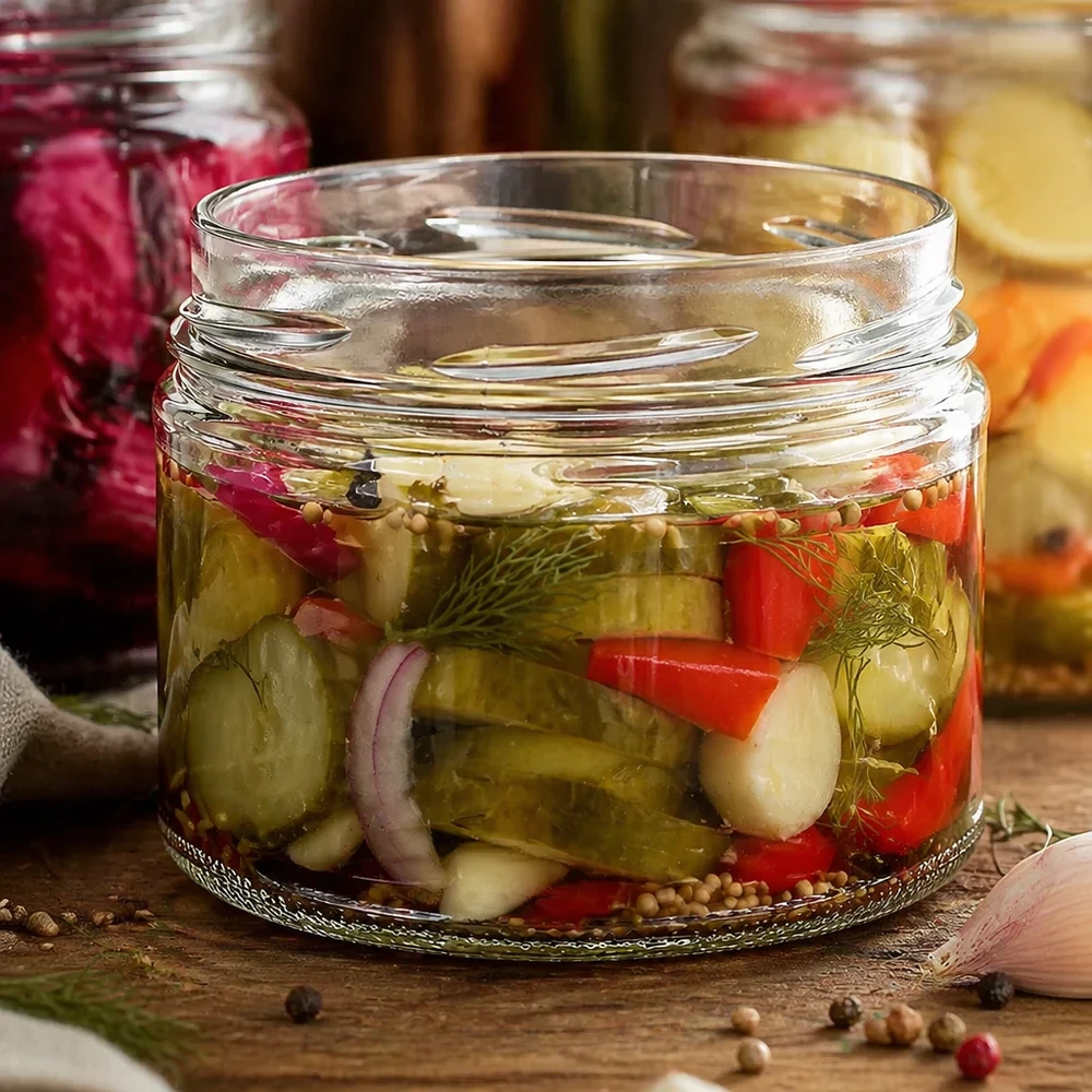 540 ml rund burk utan lock (TO100) UNiTWIST UNiTWIST Runda540 dricksglas 540ml TO100 med inlagda grönsaker gurkor paprika lök dill pickles
