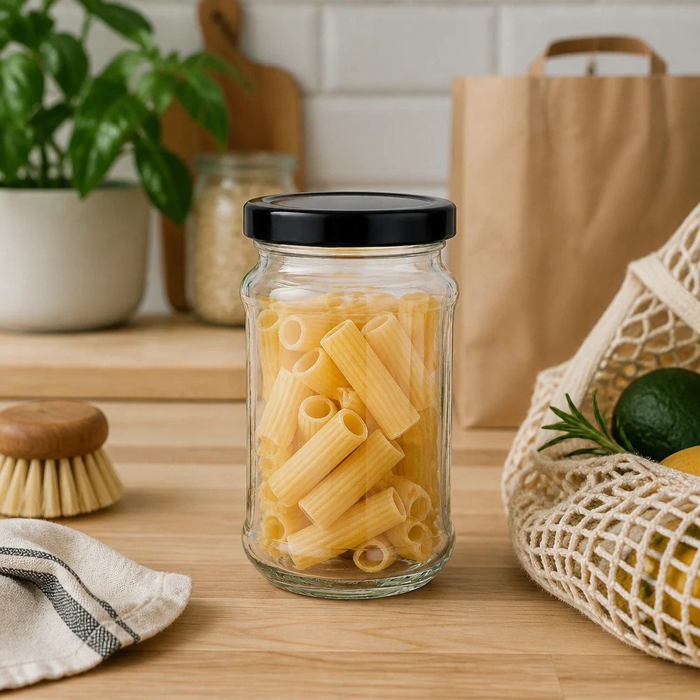 390ml rund burk + BasicSeal-lock svart djup UT 390 ml rund burk med svart BasicSeal-lock fylld med pasta på bänkskiva av trä - perfekt förvaring av pasta