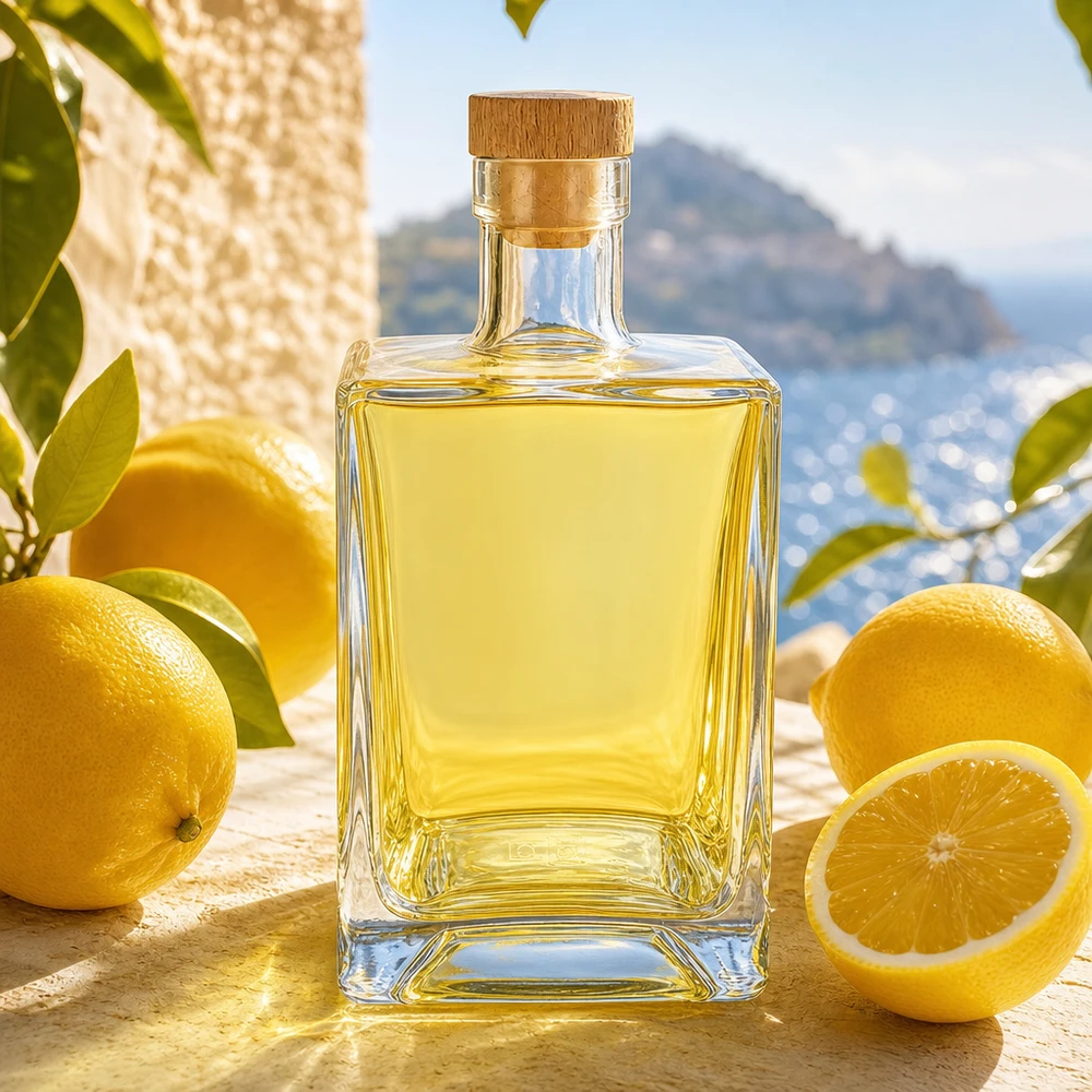 700 ml glasflaska Ben med kork med trähandtag UNiTWIST® 700 ml glasflaska Ben fylld med gul likör mellan citroner i en medelhavsmiljö med korkpropp