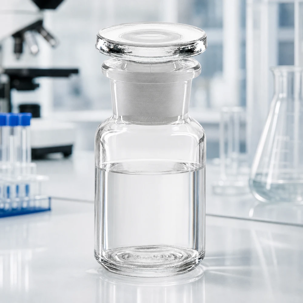 Rund axelflaska 50ml klar glaspropp med bred hals Rundskuldrad flaska, 50 ml, klar, med vid hals och glaspropp på ett vitt laboratoriebord
