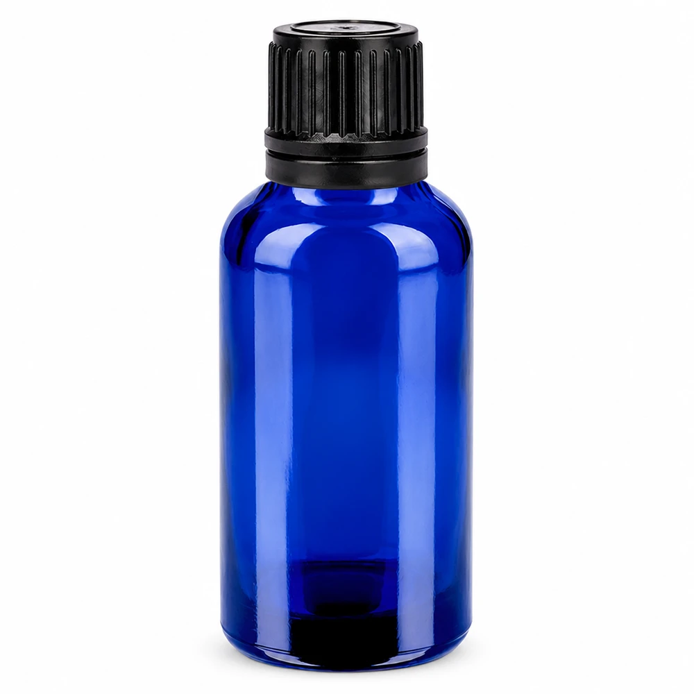 30ml flaska 11mm skruvkork svart sabotagesäkert lock BlueLine UT18/30 30 ml blå glasflaska med svart lock för eteriska oljor och kosmetika