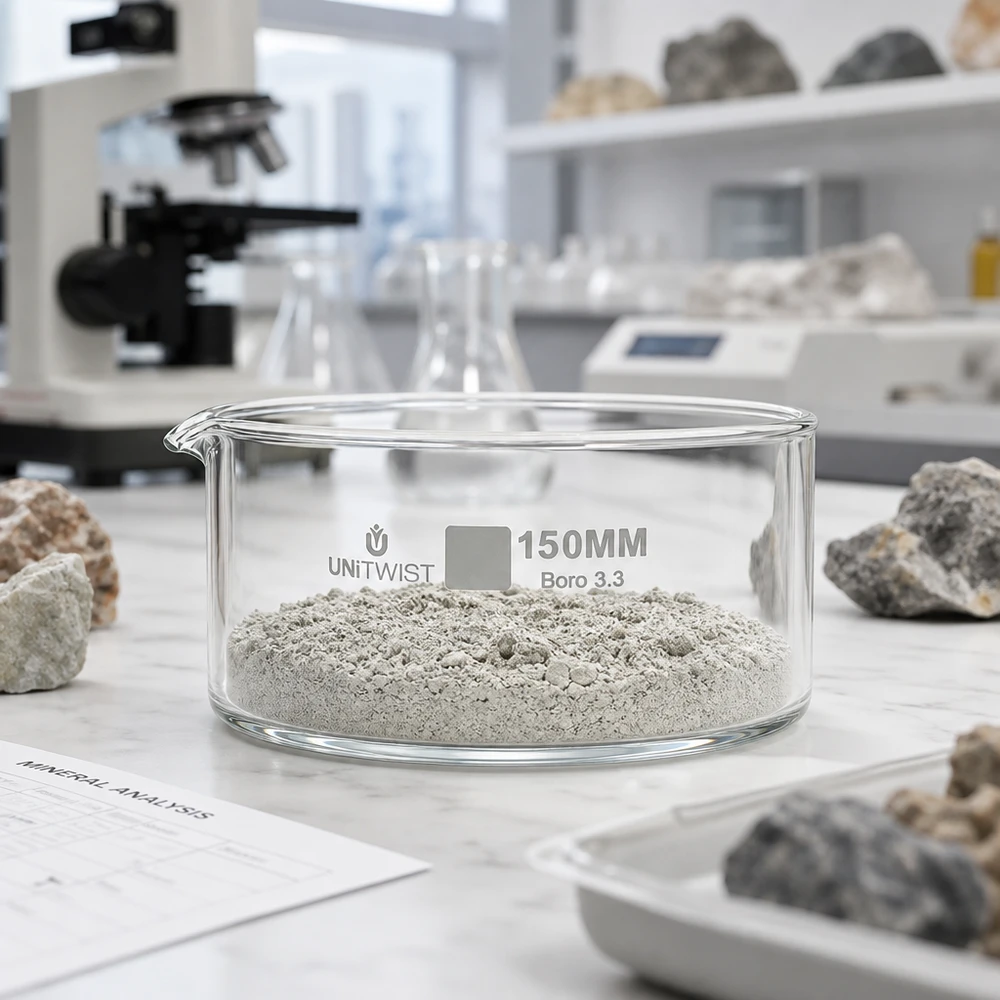 Kristallisationskärl ø150 mm, borosilikatglas UNiTWIST Kristallisationsskål 150 mm UNiTWIST Boro 3.3 med grått mineralpulver vid mineralanalys i laboratoriet